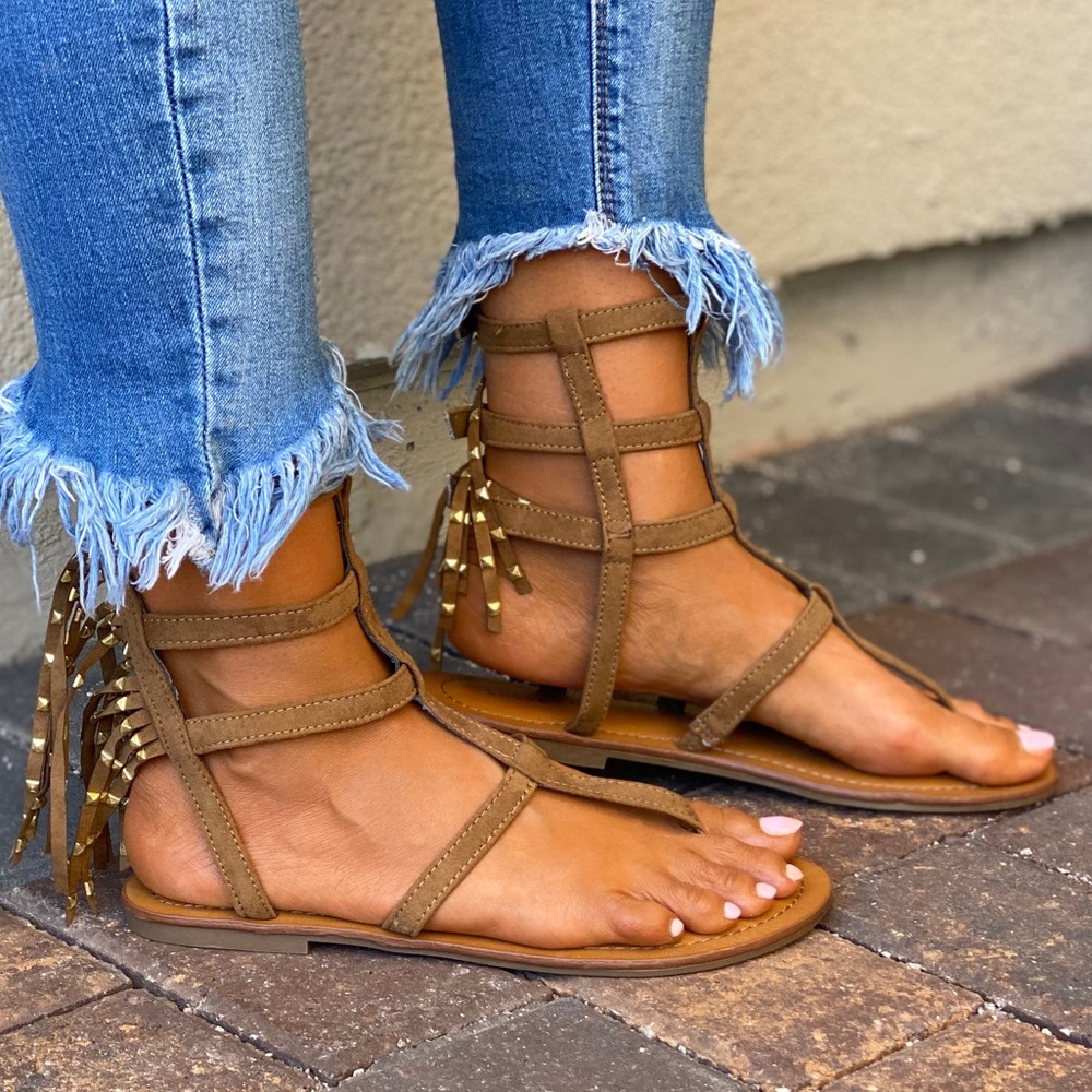 Fringe & Studs Strappy Boho Gladiator Ankle Sandal - Picture 2 of 14